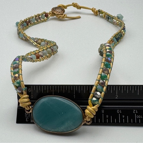 Boho Leather Beaded Necklace w/ Teal Gemstone Pendant 20-22” - Picture 8 of 9